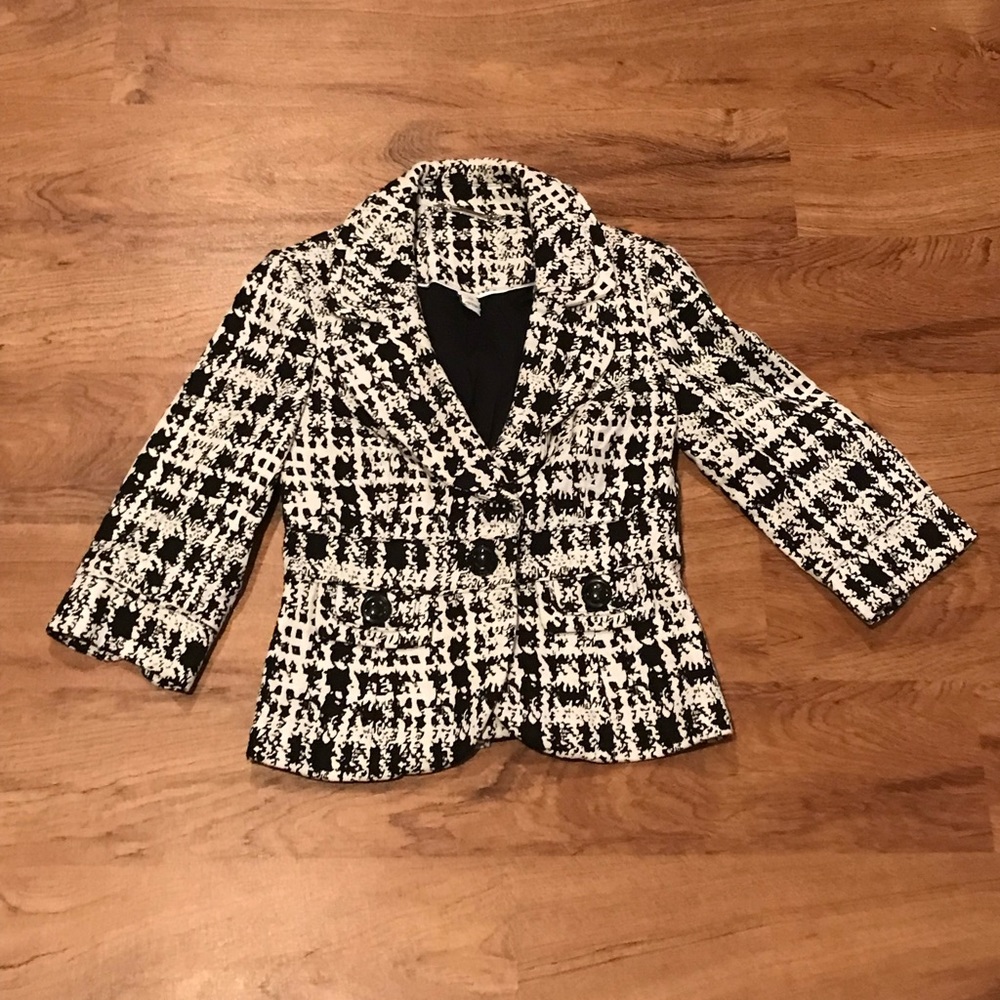 EUC BLACK & WHITE Suit Jacket Lined Classic Short Cut WAISTED Jacket Size XS